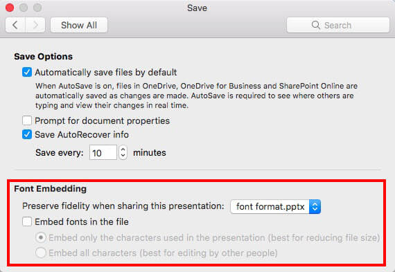 save ppt with fonts 2017 osx